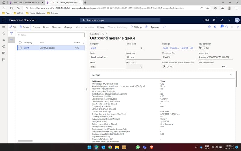 Outbound message queue in EDI Studio for an invoice