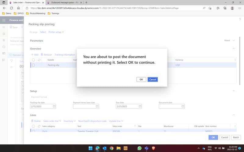 Packing slip posting for EDI order message in D365