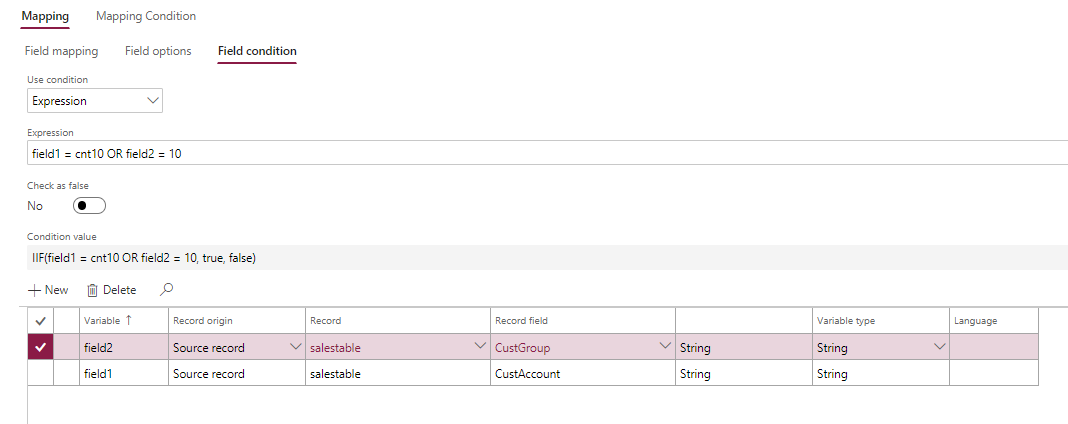 BIS Flexible field mapping conditions