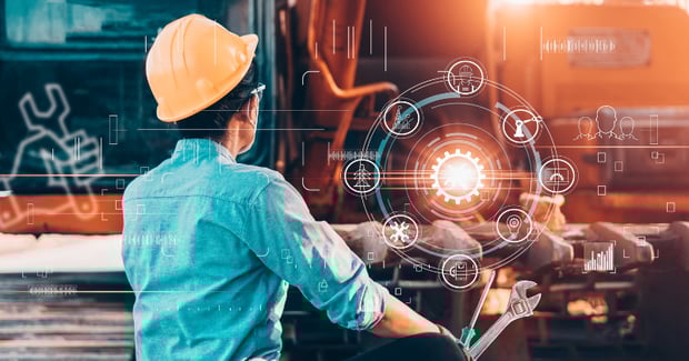 Equipment rental worker holding construction tools with rental and software solution icons displayed