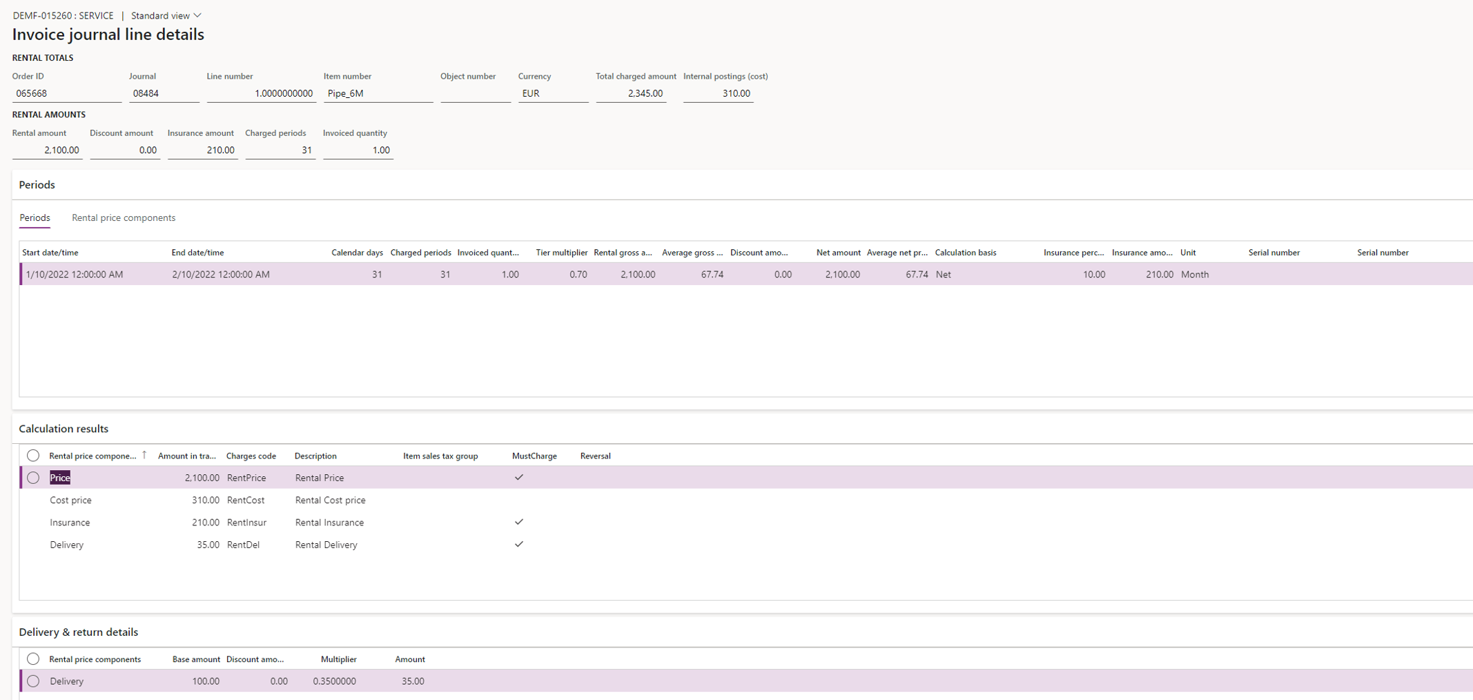 Screenshot of DynaRent solution showing the invoice journal lines for a rental order.