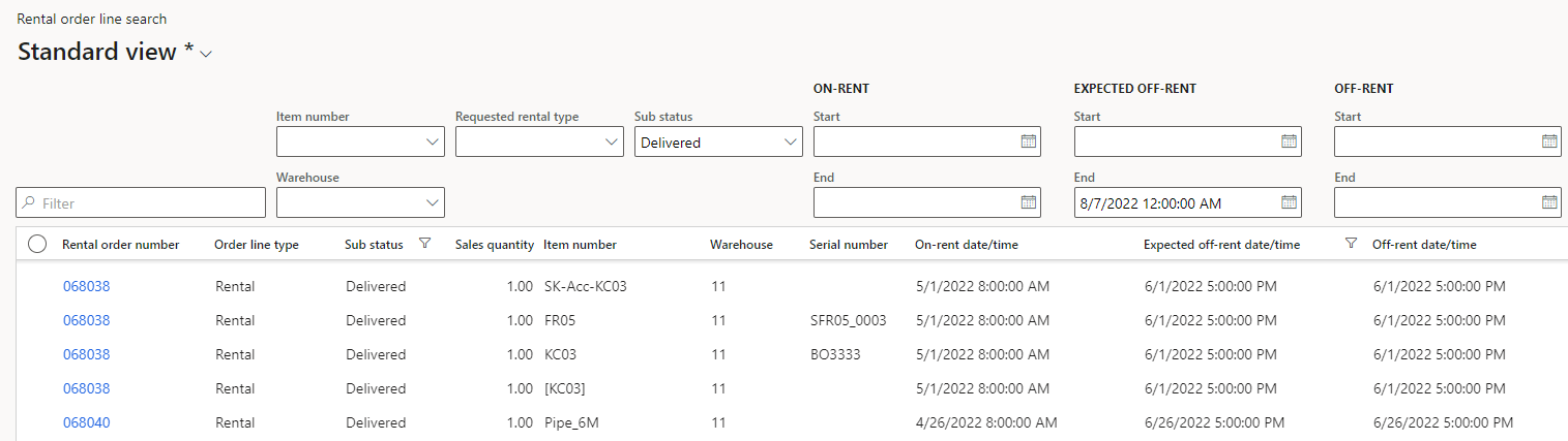 DynaRent screenshot showing detailed information on each rental order