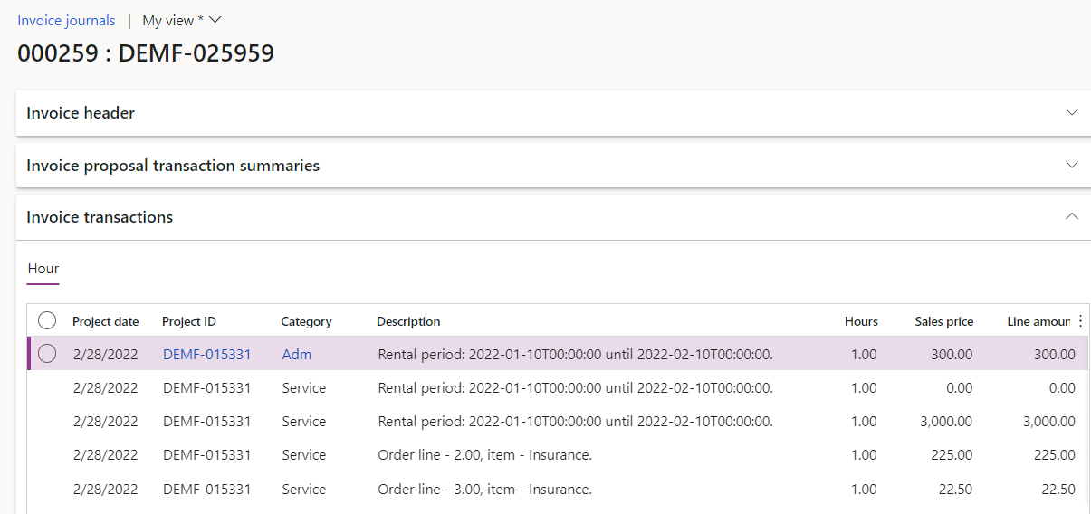 DynaRent screenshot showing project invoice proposals