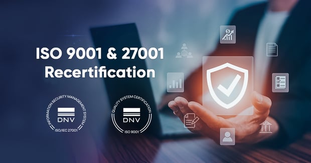 Hand with icons to depict quality and security certifications, along with logos DNV ISO/IEC 27001 and ISO 9001