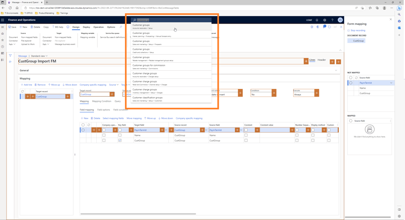 Looking for the right field name in D365 during form mapping