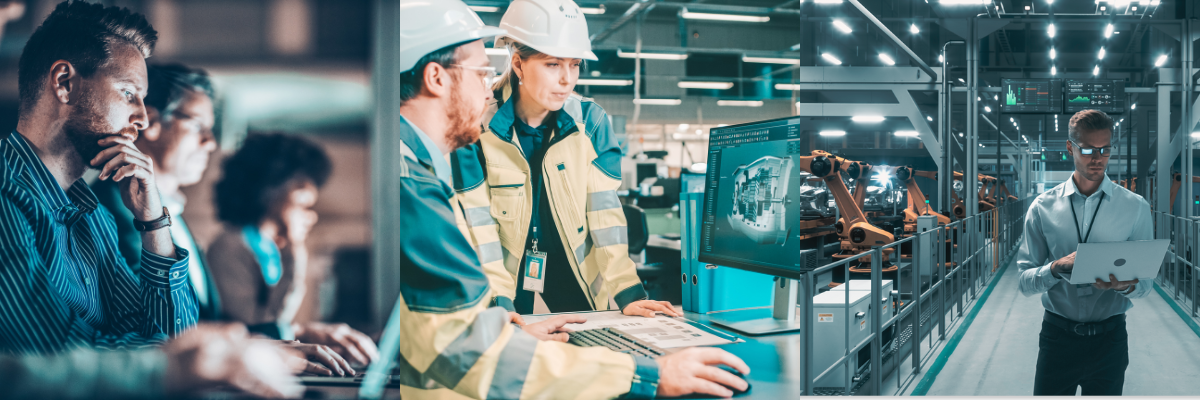 Three visuals showing shift-based training, training with visual aids, and on-floor training for PLM-ERP integration adoption 