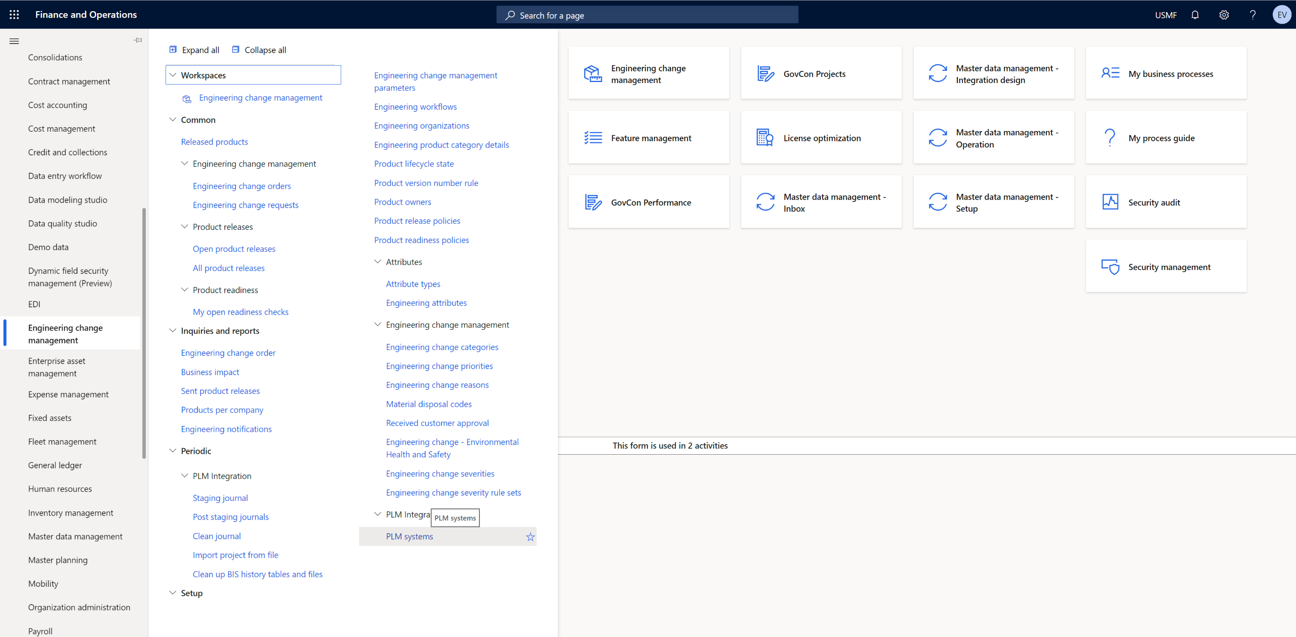 PLM-ERP integration for Dynamics 365-Menu showing embedded in F&SCM environment