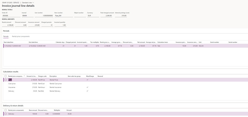 Invoice journal lines in DynaRent for D365 FO