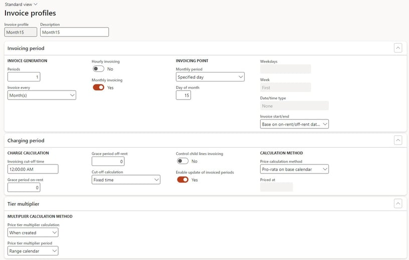 Monthly invoicing profile in STAEDEAN Rental Management for Microsoft Dynamics 365 F&SCM