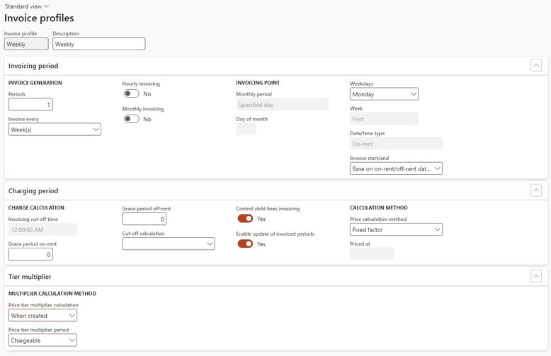 Weekly invoicing profile in STAEDEAN Rental Management for Microsoft Dynamics 365 F&SCM