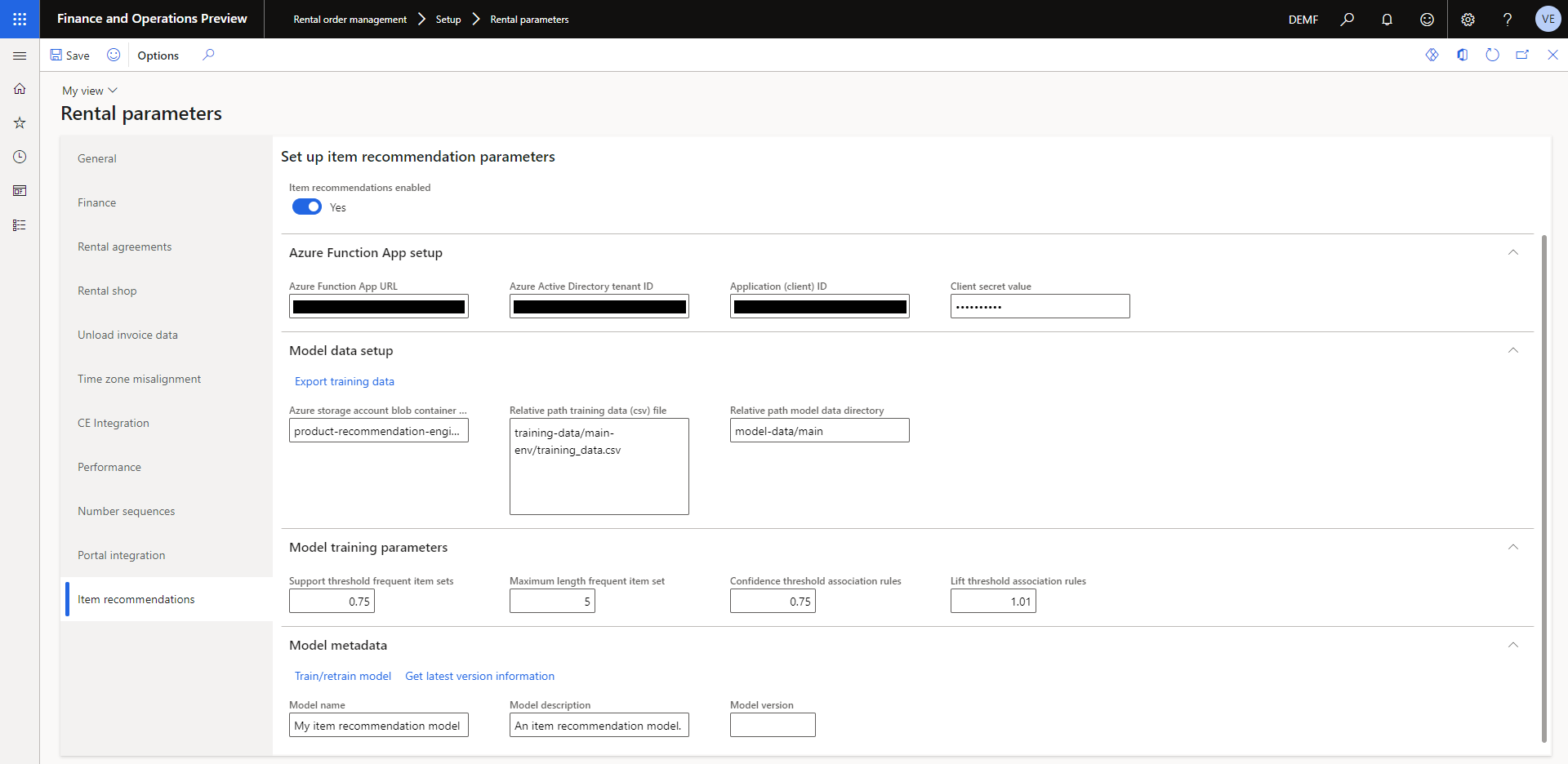 Setting up item recommendations with necessary parameters