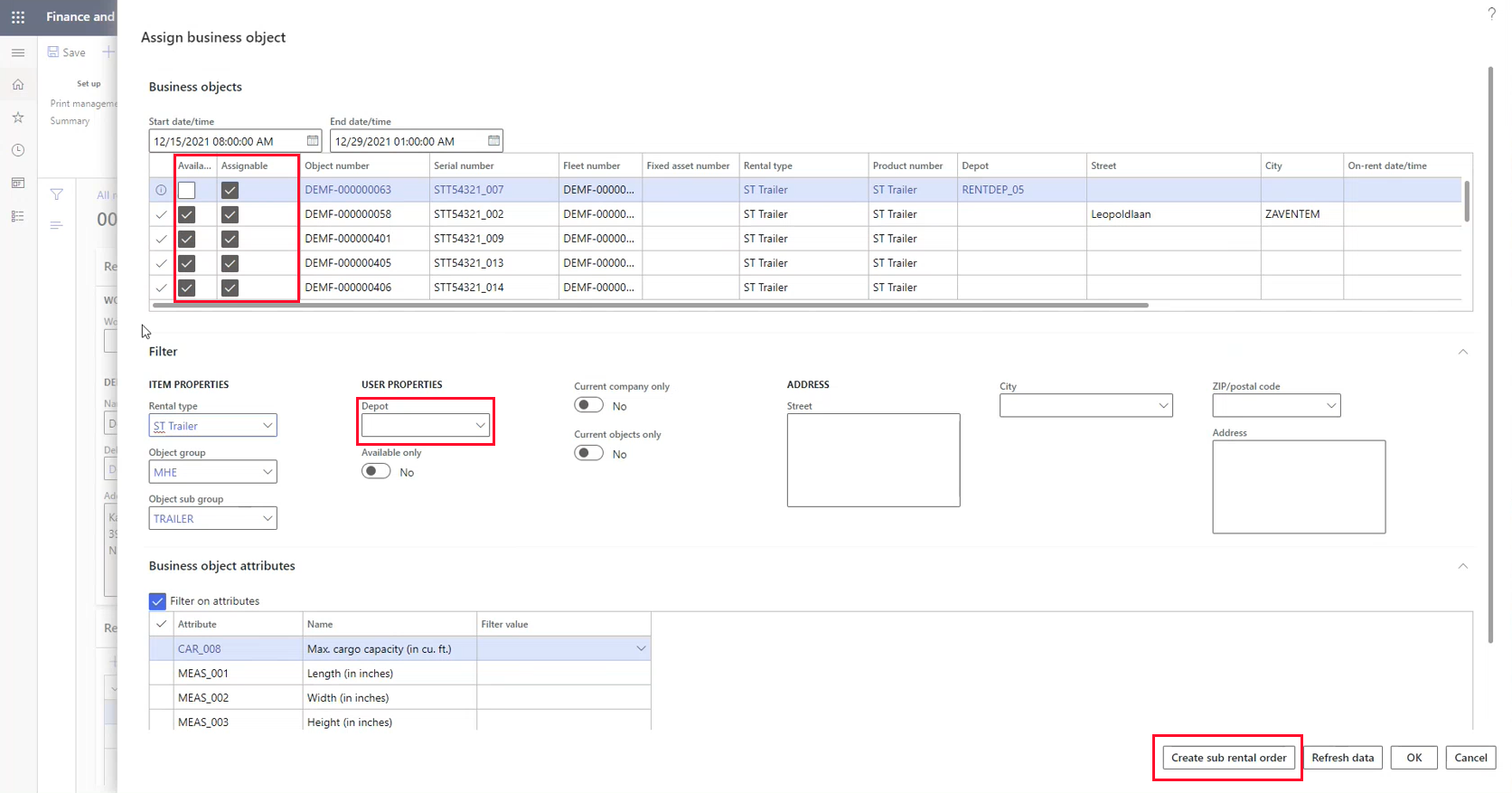 DynaRent screen showing how to assign objects and create sub rental orders or check in other depots.