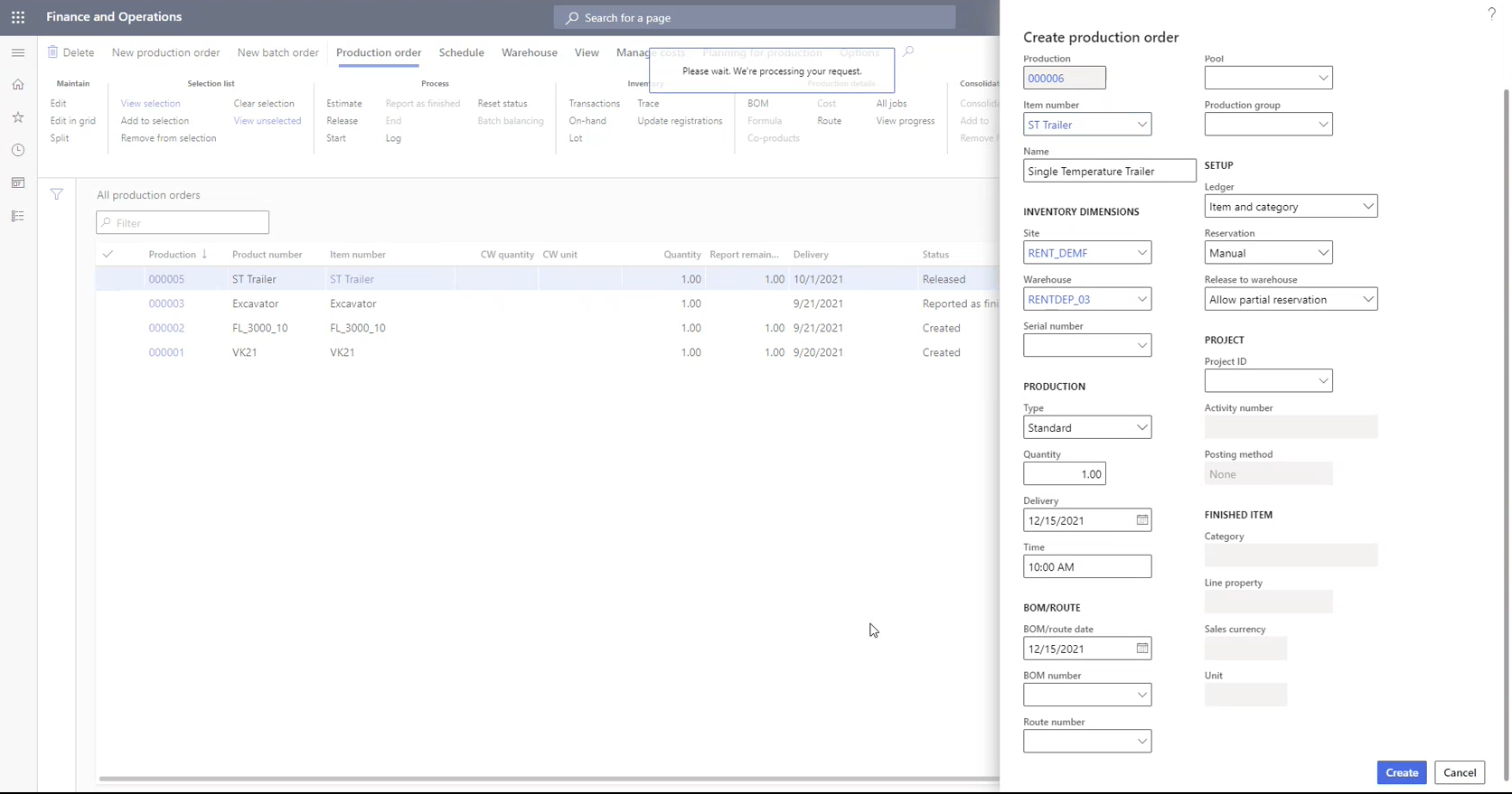 STAEDEAN's DynaRent solution screenshot showing the production order.