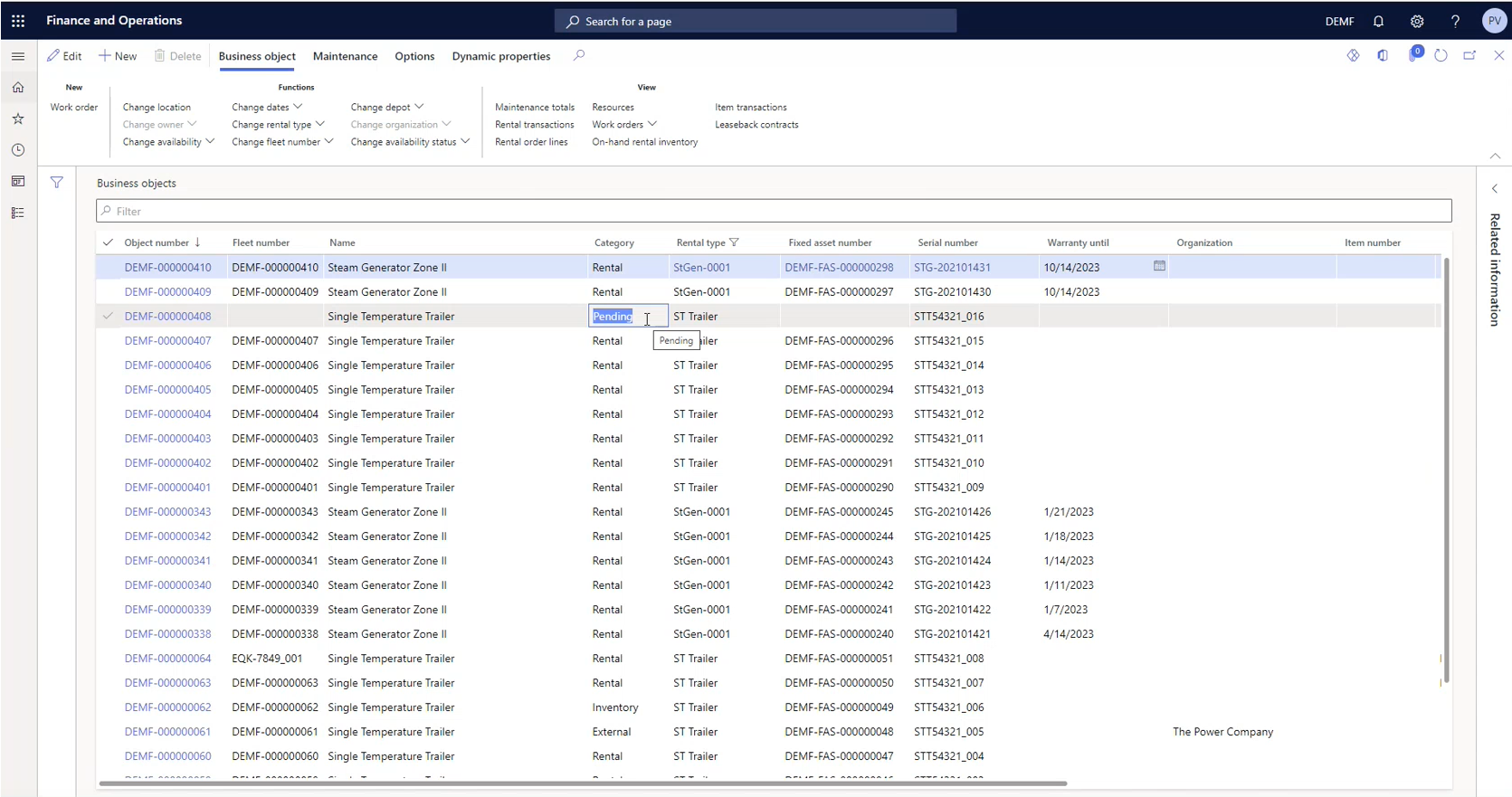 STAEDEAN's DynaRent solution screenshot showing the production pending.