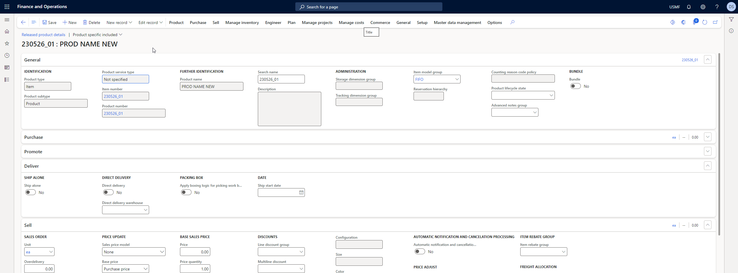 record of product data in master company in D365 FO