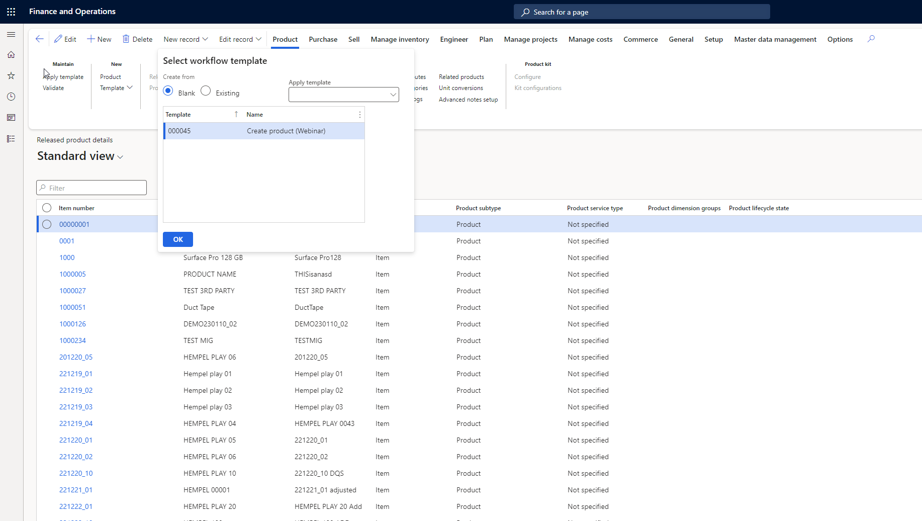 select workflow template