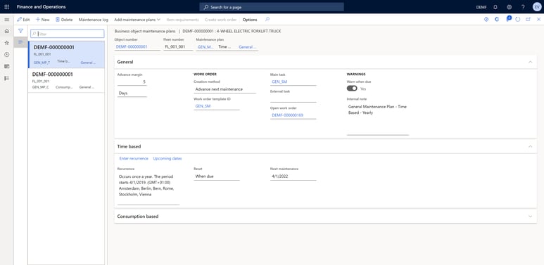 Maintenance work order within DynaRent solution, showing the maintenance log, plans, tasks, and time.