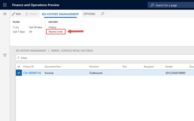 Resend order in EDI Dynamics 365